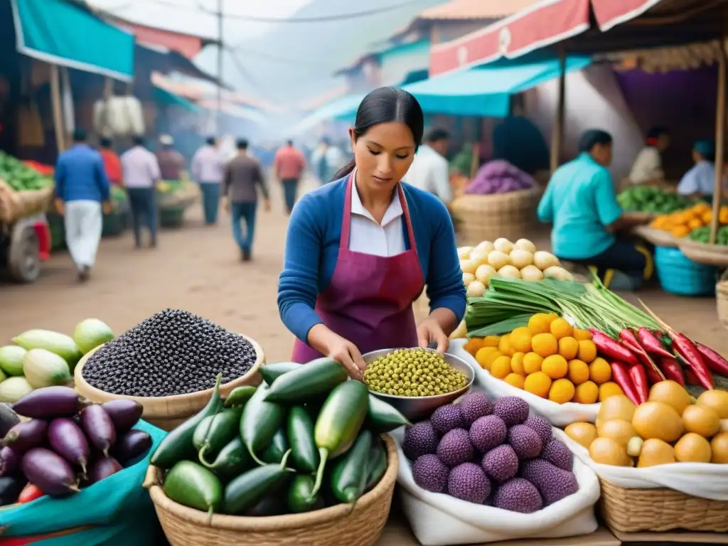 Vibrante mercado peruano con ingredientes autóctonos de la comida peruana como maíz morado, lúcuma y ají