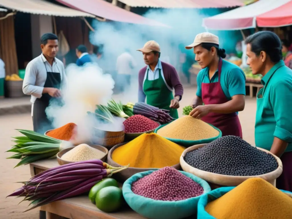 Vibrante mercado peruano con ingredientes autóctonos