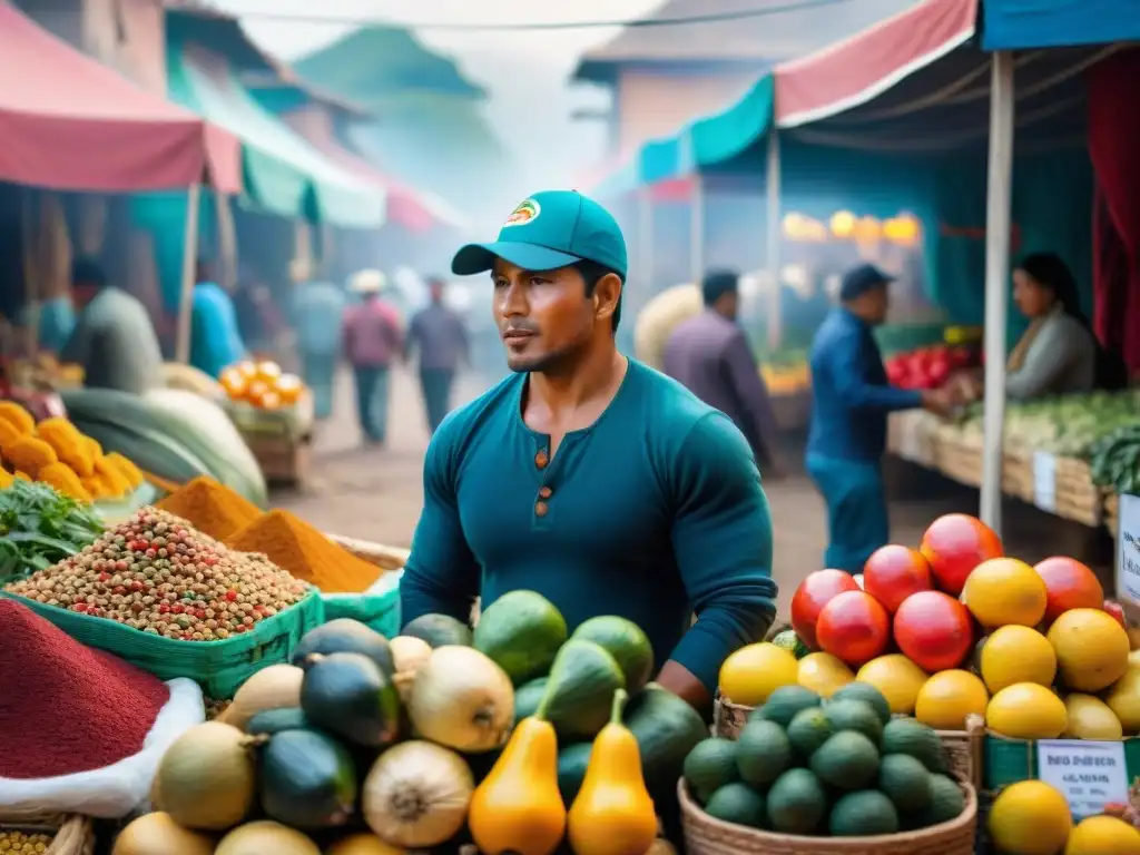 Vibrante mercado peruano con ingredientes locales: frutas, verduras y especias