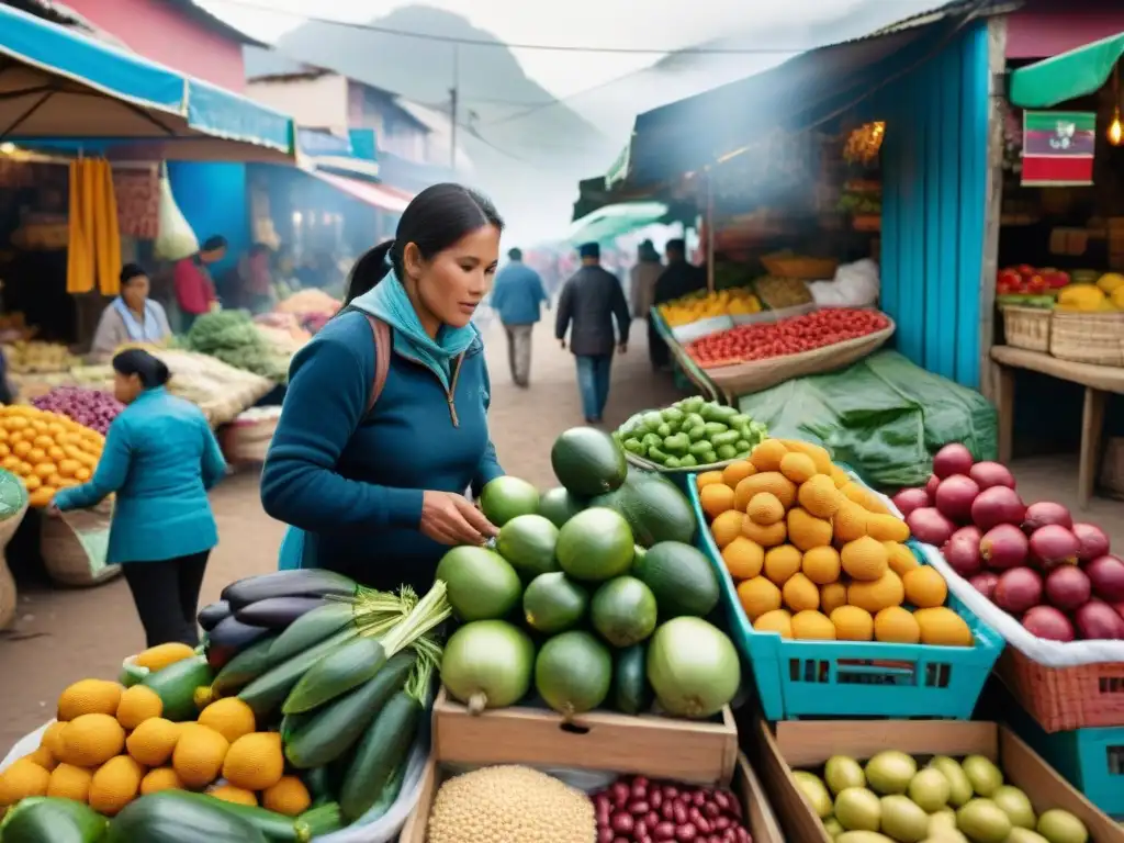 Vibrante mercado peruano con ingredientes tradicionales y diversidad, reflejando la importancia gastronomía peruana a nivel mundial