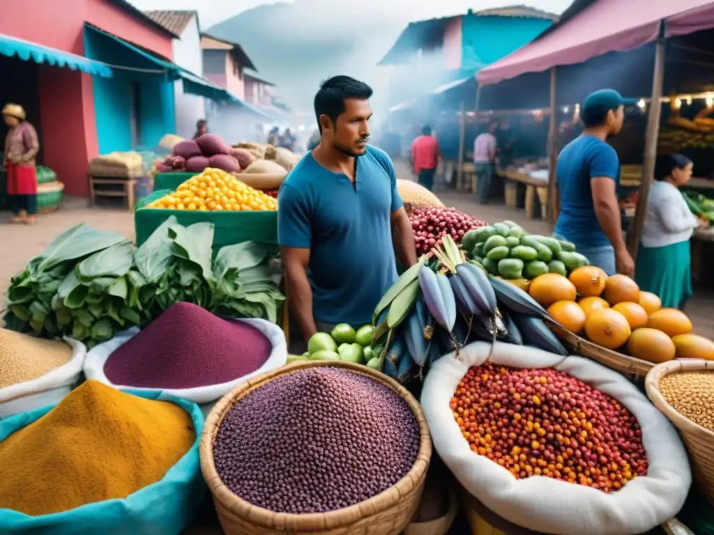 Mercado peruano: colores vibrantes y sabores auténticos Vibrante mercado peruano con ingredientes autóctonos