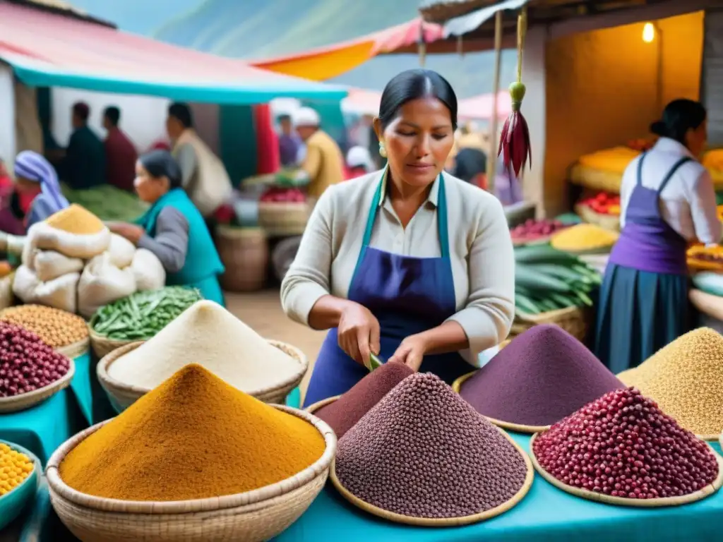 Vibrante mercado peruano con ingredientes autóctonos y cultura local