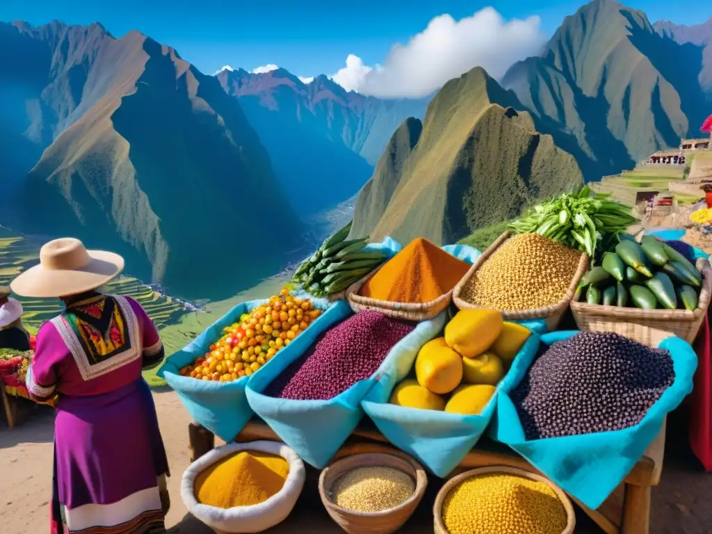 Vibrante mercado peruano con ingredientes autóctonos y vendedores locales, en un paisaje andino