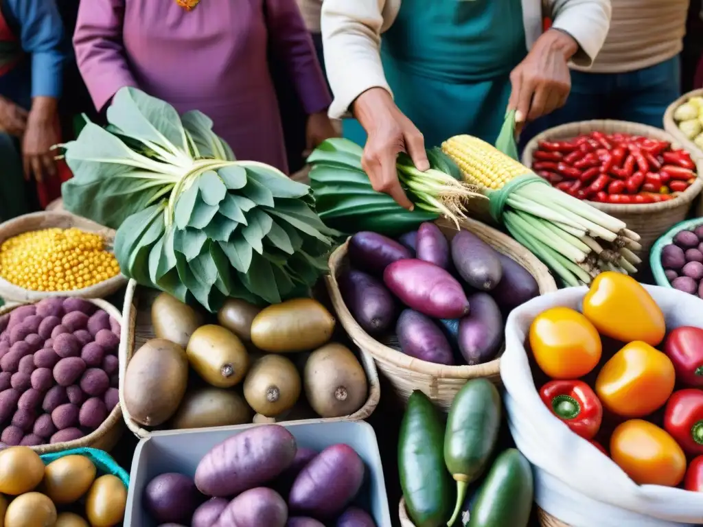 Vibrante mercado peruano con ingredientes para Pachamanca: ritual ancestral cocina moderna