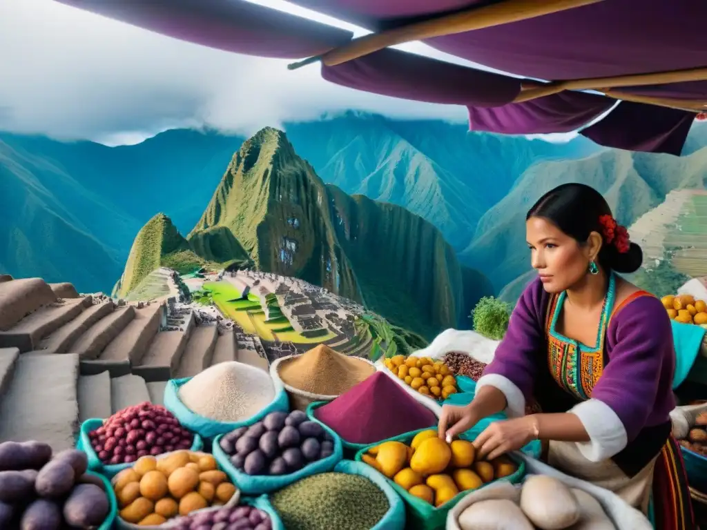 Un vibrante mercado peruano con ingredientes autóctonos y mujeres tradicionales