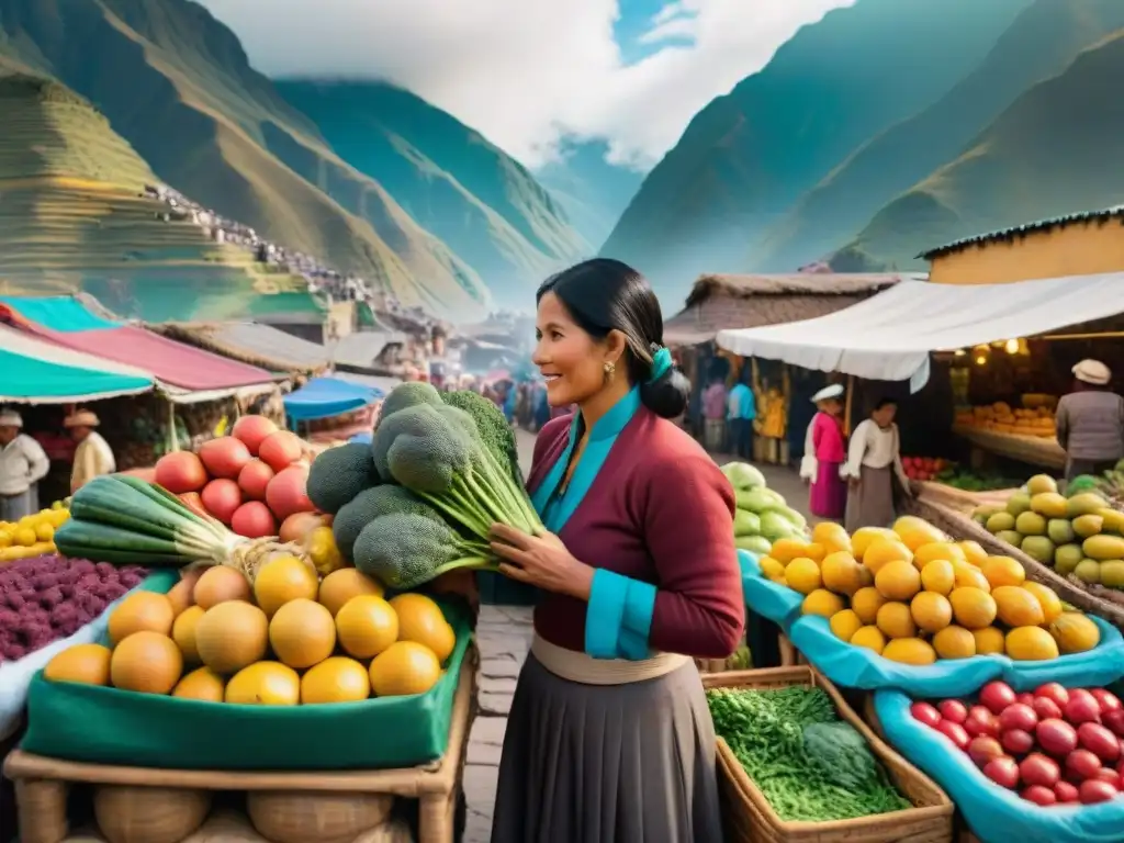 Vibrante mercado peruano con ingredientes tradicionales, vendedores locales y la majestuosidad de los Andes