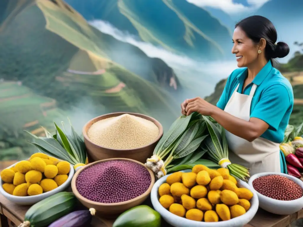 Vibrante mercado peruano con ingredientes autóctonos, vendedores locales y chef seleccionando productos frescos para gastronomía peruana contemporánea