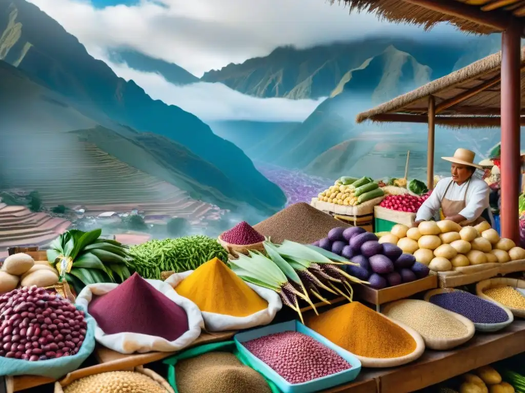 Un vibrante mercado peruano con ingredientes autóctonos, reflejando la esencia de la gastronomía peruana contemporánea