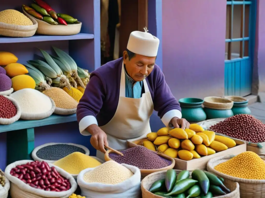 Vibrante mercado peruano con ingredientes autóctonos y vendedores locales en trajes tradicionales