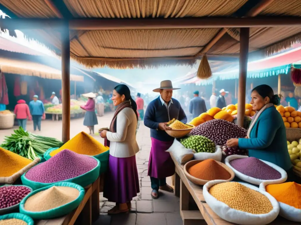 Un vibrante mercado peruano con ingredientes autóctonos y coloridas vestimentas, reflejo de la riqueza cultural y gastronómica de Perú