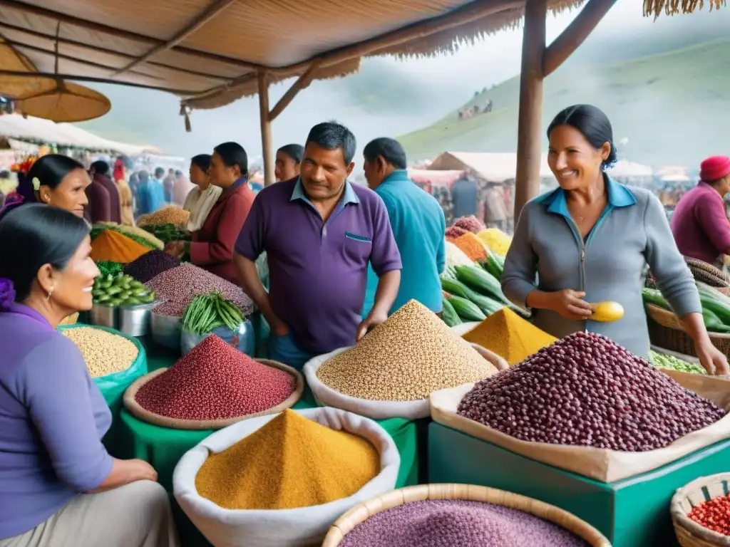 Un vibrante mercado peruano con ingredientes autóctonos y tejidos tradicionales, reflejando el impacto de estos productos en la sociedad local