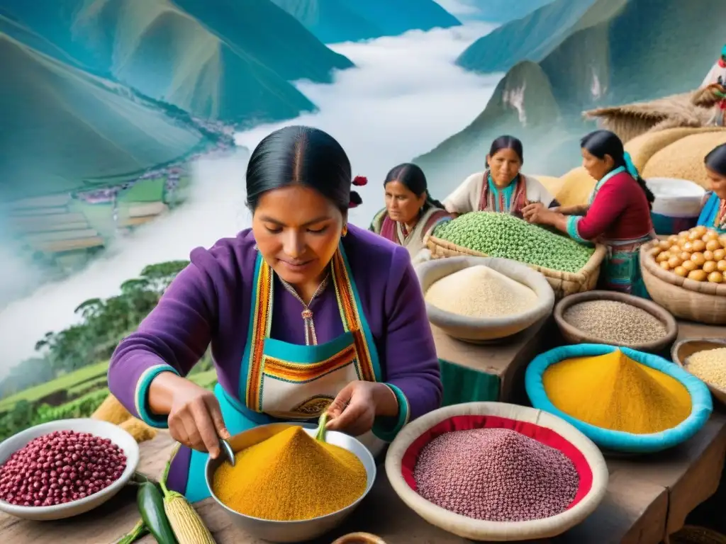 Un vibrante mercado peruano con ingredientes autóctonos y mujeres indígenas, reflejando la riqueza de la gastronomía peruana