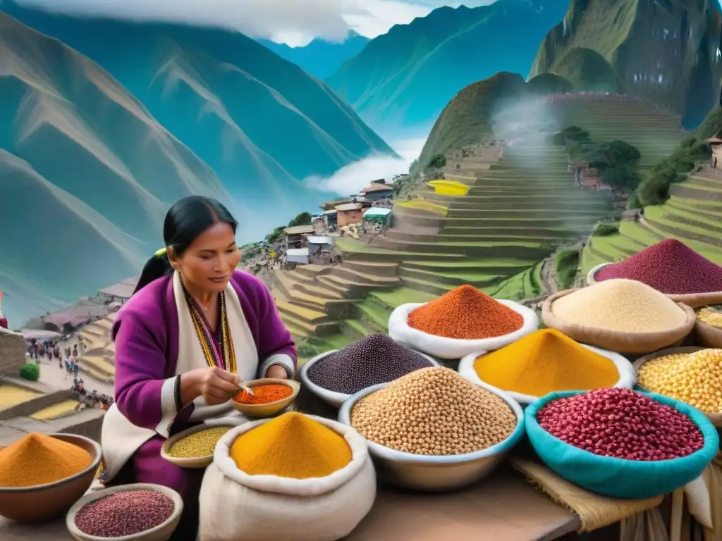 Vibrante mercado peruano con ingredientes autóctonos y vendedores en trajes tradicionales, junto a los Andes