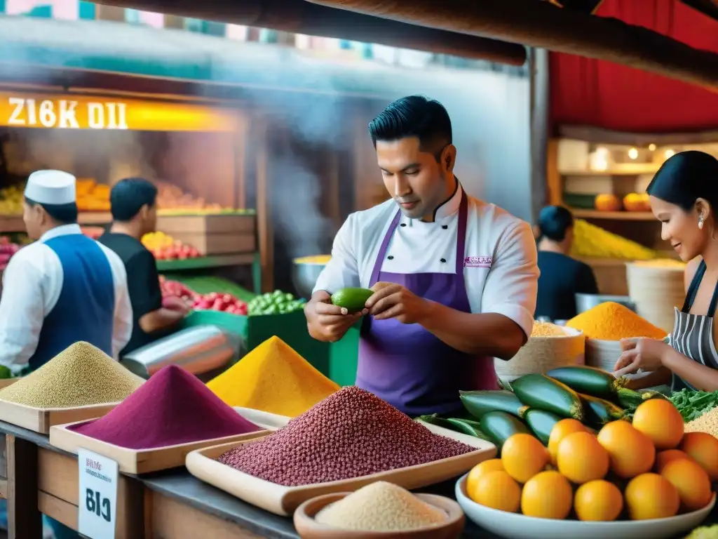 Vibrante mercado peruano con ingredientes coloridos y chefs preparando platos tradicionales