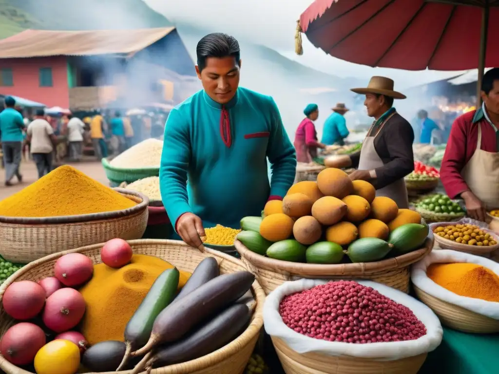 Un vibrante mercado peruano fusionando ingredientes africanos: yuca, plátanos y especias