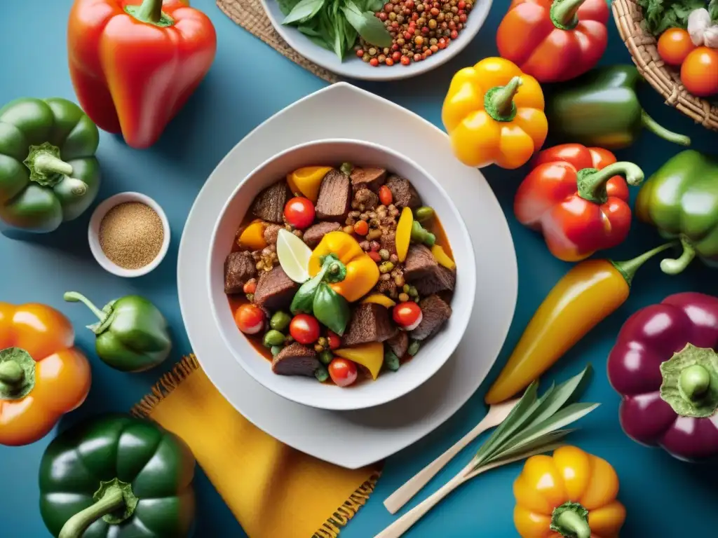 Vibrante mercado peruano con ingredientes frescos y coloridos, fusionando historia del lomo saltado