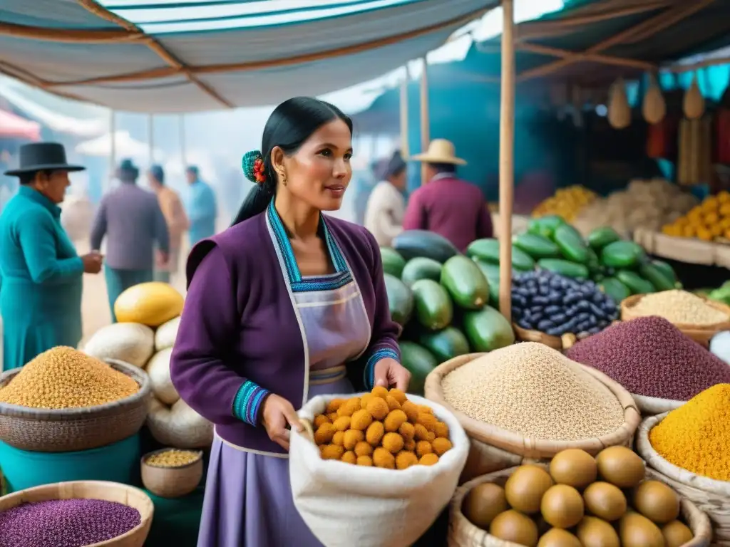 Vibrante mercado peruano con ingredientes autóctonos y mujeres seleccionando productos con alegría