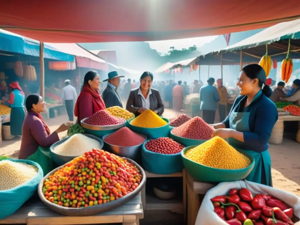 Un vibrante mercado peruano con ingredientes frescos y coloridas banderas ondeando, destacando los Orígenes del Rocoto Relleno Peruano