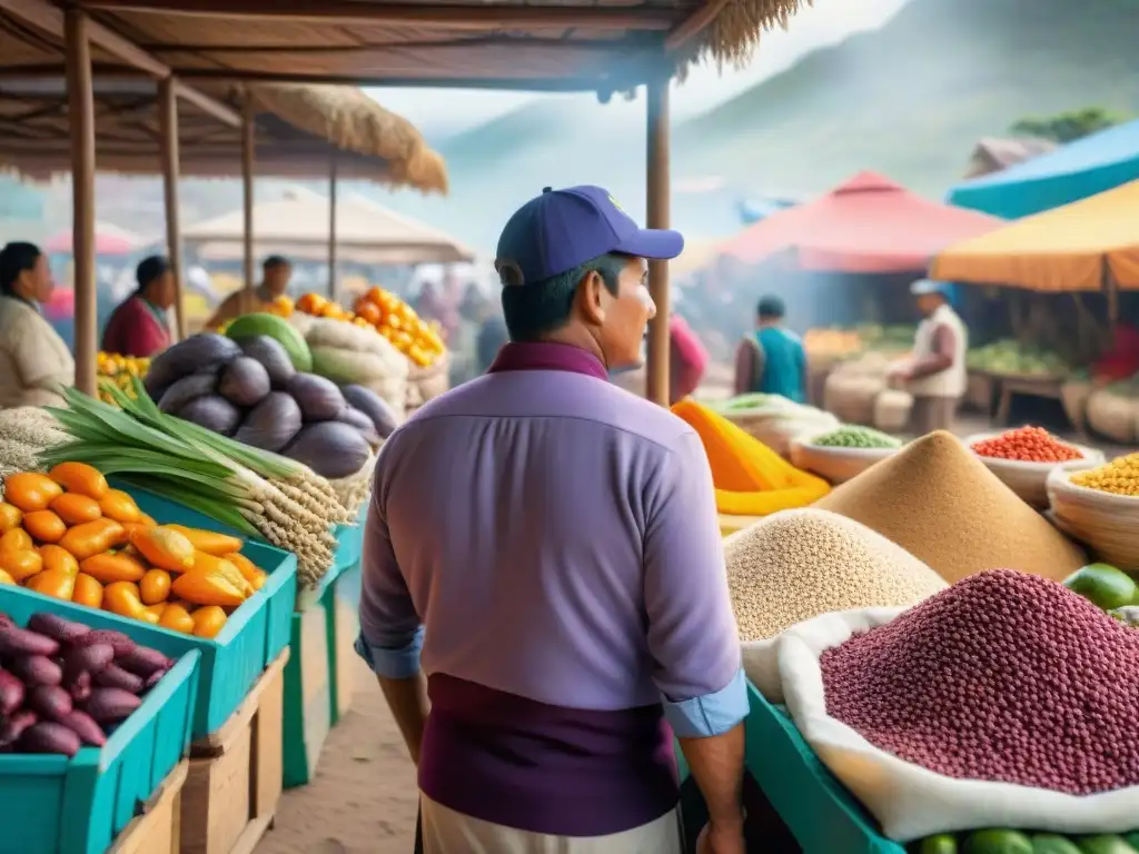 Vibrante mercado peruano con ingredientes exóticos gastronomía peruana en coloridos puestos de madera