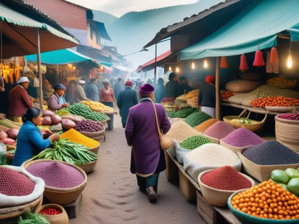 Vibrante mercado peruano con ingredientes autóctonos y vendedores locales en trajes tradicionales