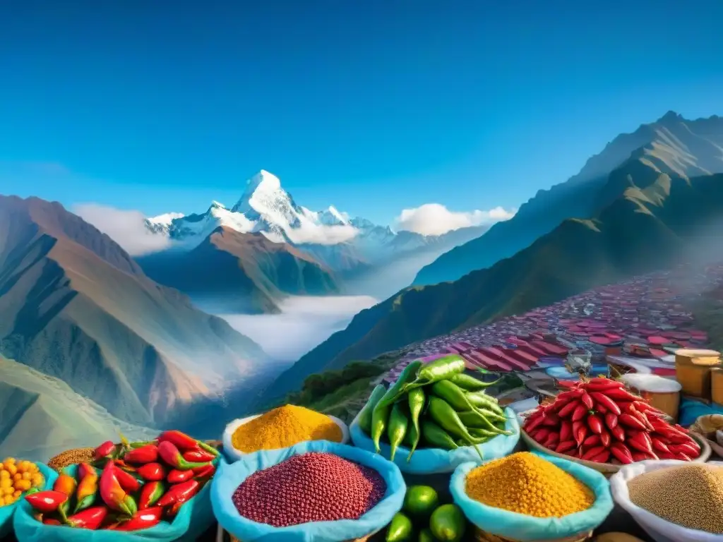 Vibrante mercado peruano con ingredientes autóctonos y la majestuosa cordillera de los Andes al fondo