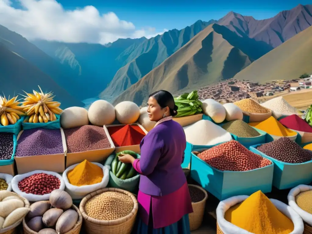 Vibrante mercado peruano con ingredientes autóctonos gastronomía peruana y vistas a los Andes