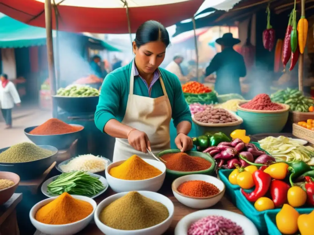 Un vibrante mercado peruano con ingredientes frescos para la receta auténtica de anticuchos peruanos