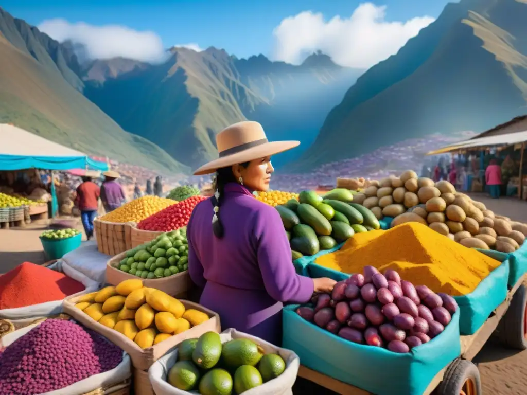 Vibrante mercado peruano con ingredientes para Causa Limeña y vendedores en tradicionales atuendos andinos