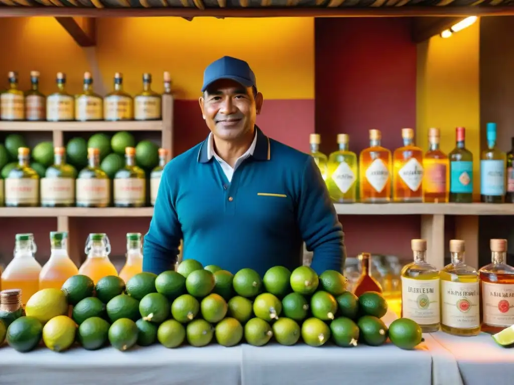 Vibrante mercado peruano vendiendo limones y Pisco para el Origen del Pisco Sour Peruano