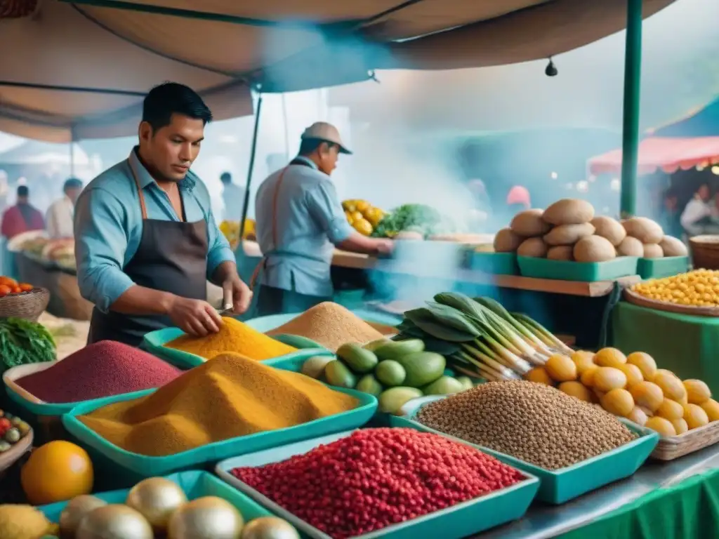 Vibrante mercado peruano lleno de colores y sabores, reflejando la rica gastronomía peruana