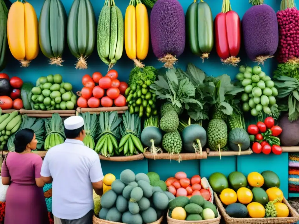 Un vibrante mercado peruano lleno de coloridos puestos de frutas, verduras, hierbas y especias