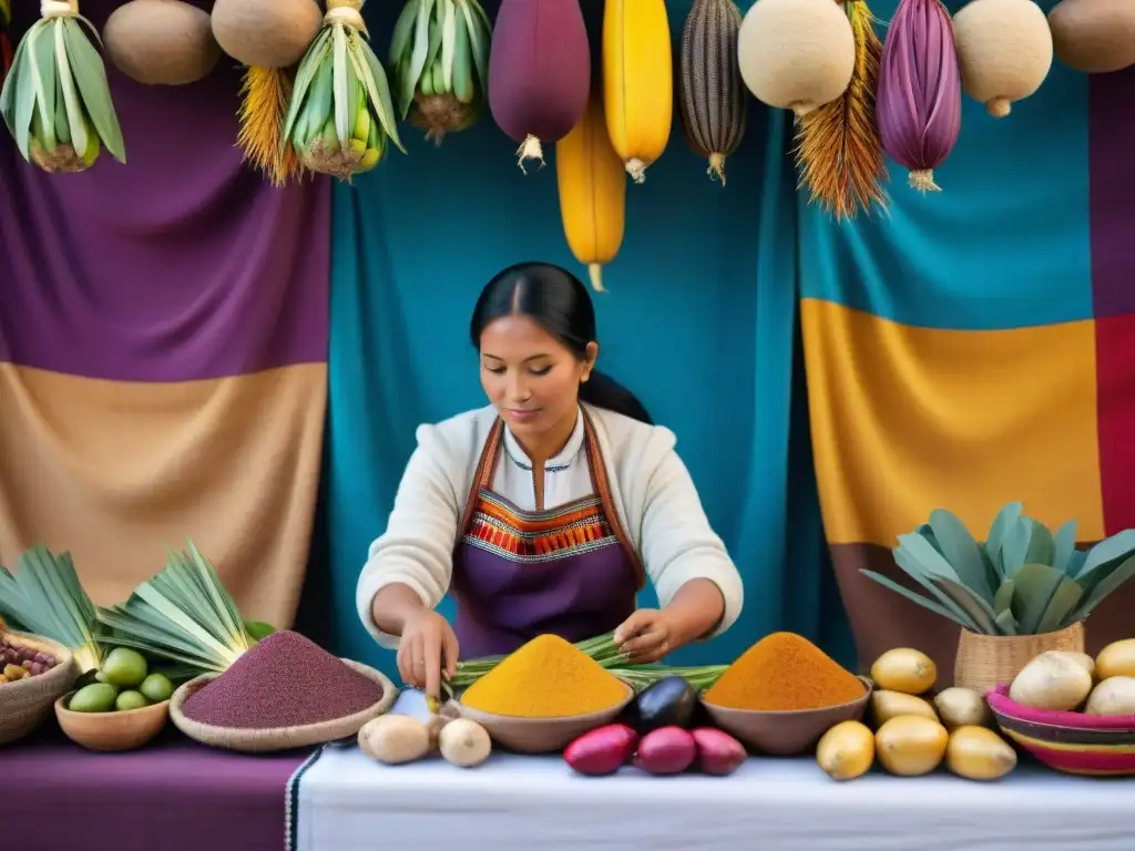 Un vibrante mercado peruano lleno de colores y ingredientes autóctonos que encapsulan la esencia de la gastronomía peruana