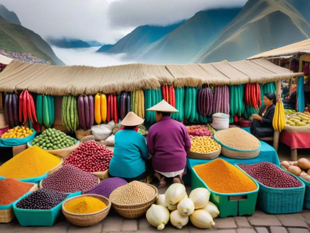 Un vibrante mercado peruano lleno de ingredientes autóctonos, destacando la diversidad y frescura