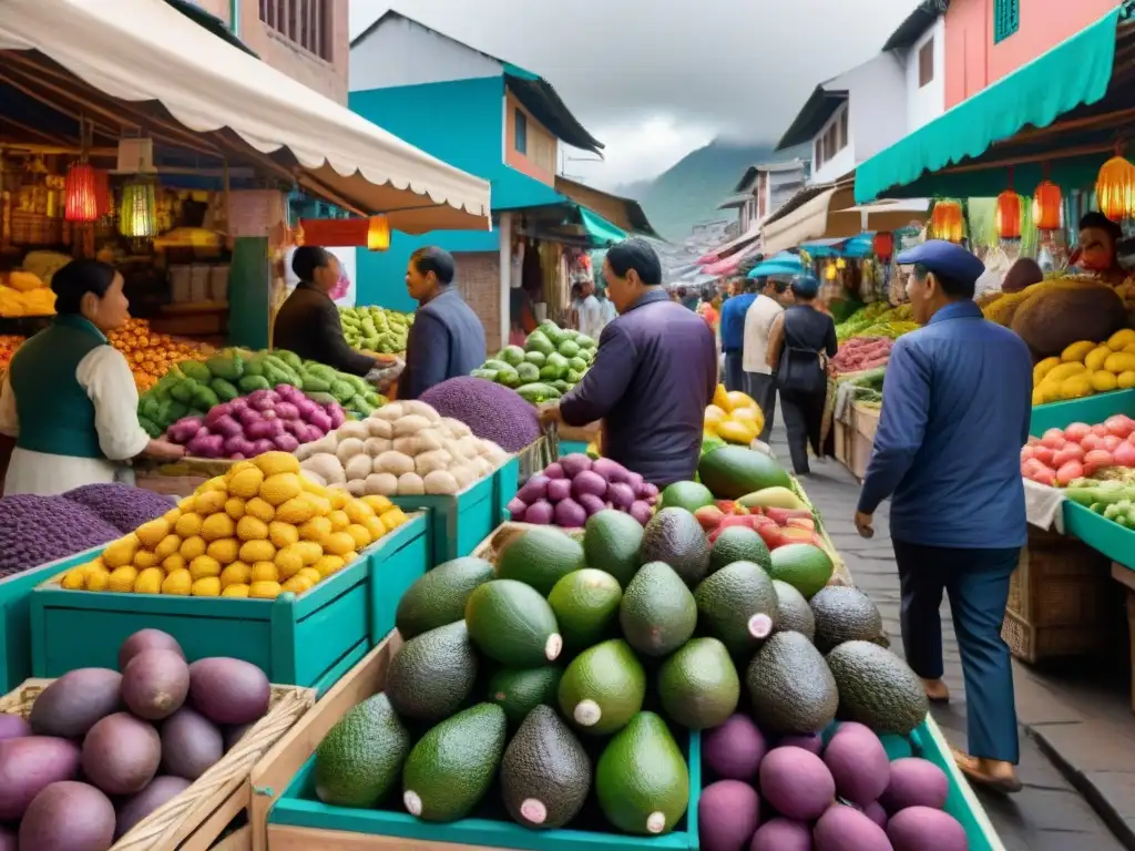 Un vibrante mercado peruano lleno de ingredientes Nikkei frescos y coloridos, donde los vendedores interactúan con orgullo