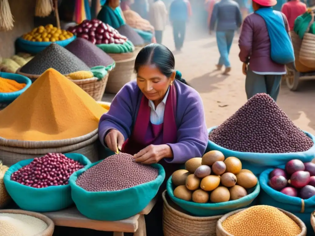 Vibrante mercado peruano con lúcuma fresca y otros ingredientes locales, resaltando los beneficios del superfruto peruano