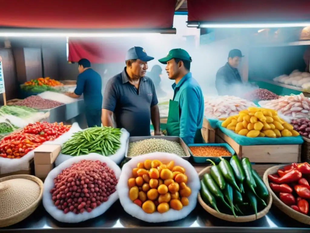 Vibrante mercado peruano: mariscos frescos, ajíes coloridos y el bullicio de compradores y vendedores