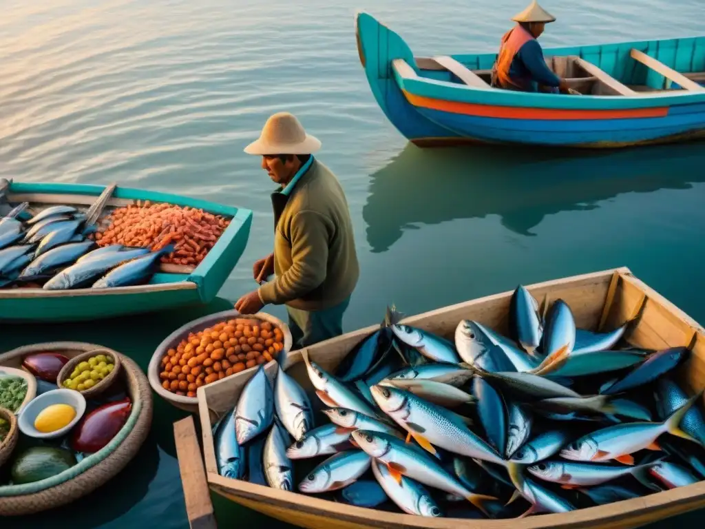 Vibrante mercado peruano de mariscos al amanecer, con pescadores y delicias marinas gastronomía peruana