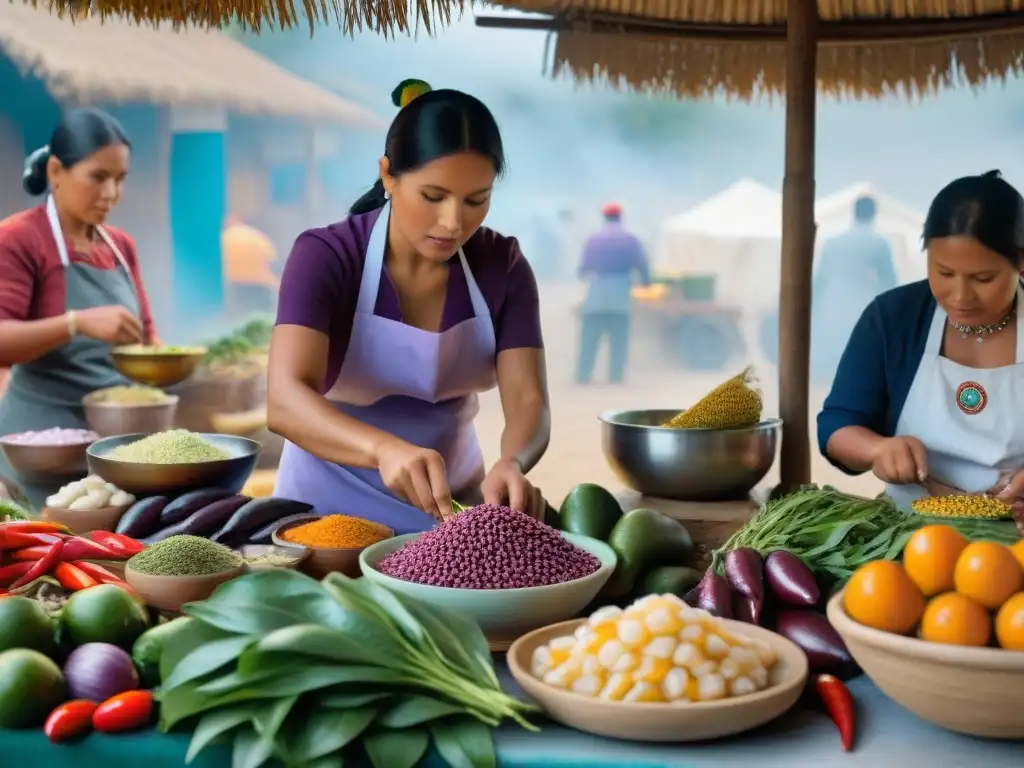 Vibrante mercado peruano con mujeres preparando ceviche y chef moderno