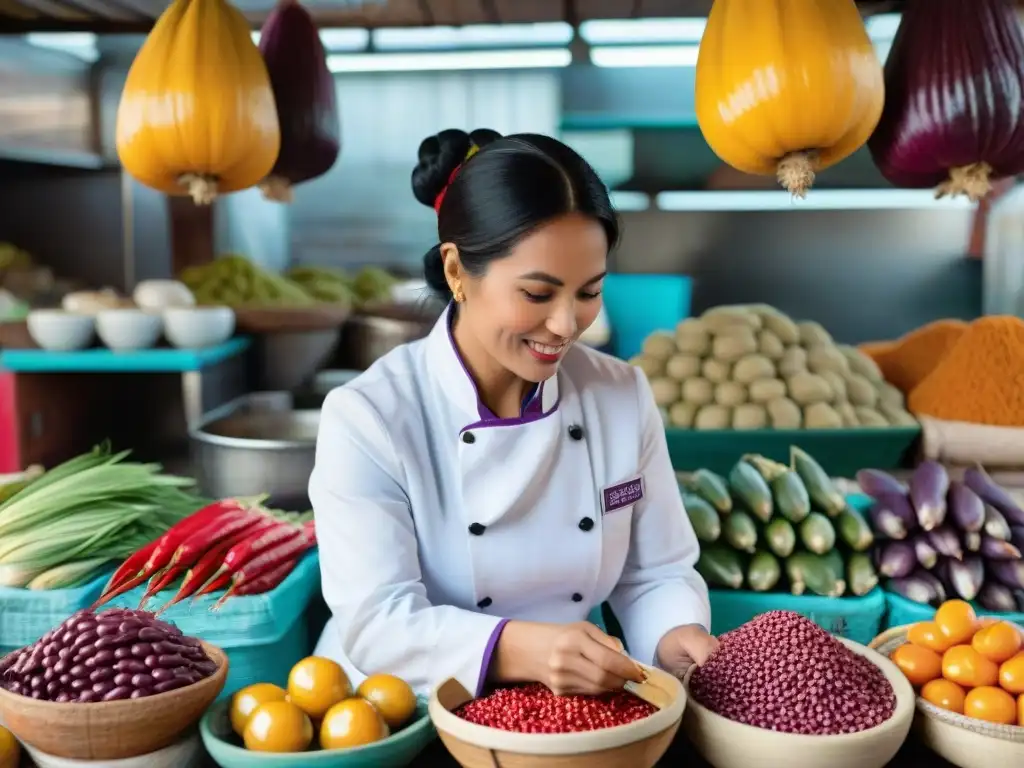 Vibrante mercado peruano con mujeres locales preparando ceviche y chef seleccionando ingredientes