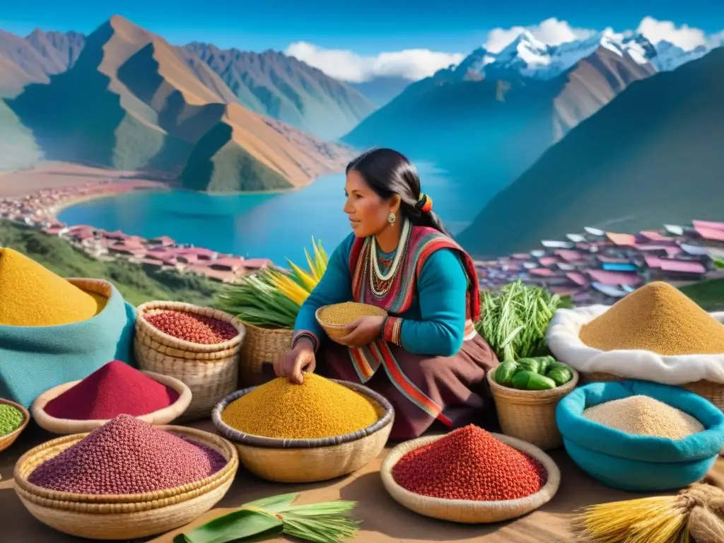 Vibrante mercado peruano con mujeres indígenas vendiendo quinua, montañas de los Andes al fondo