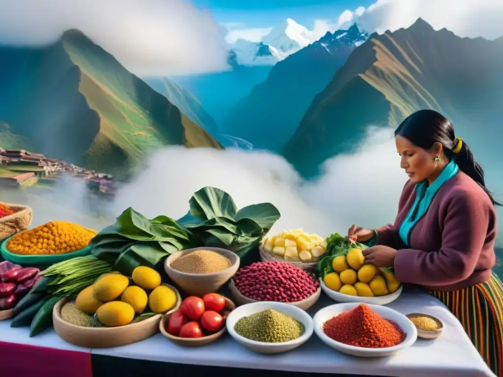 Un vibrante mercado peruano con mujeres preparando platos tradicionales, rodeadas de clientes