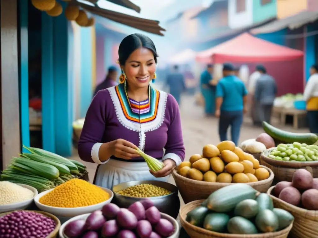 Un vibrante mercado peruano con mujeres preparando ceviche y productos frescos