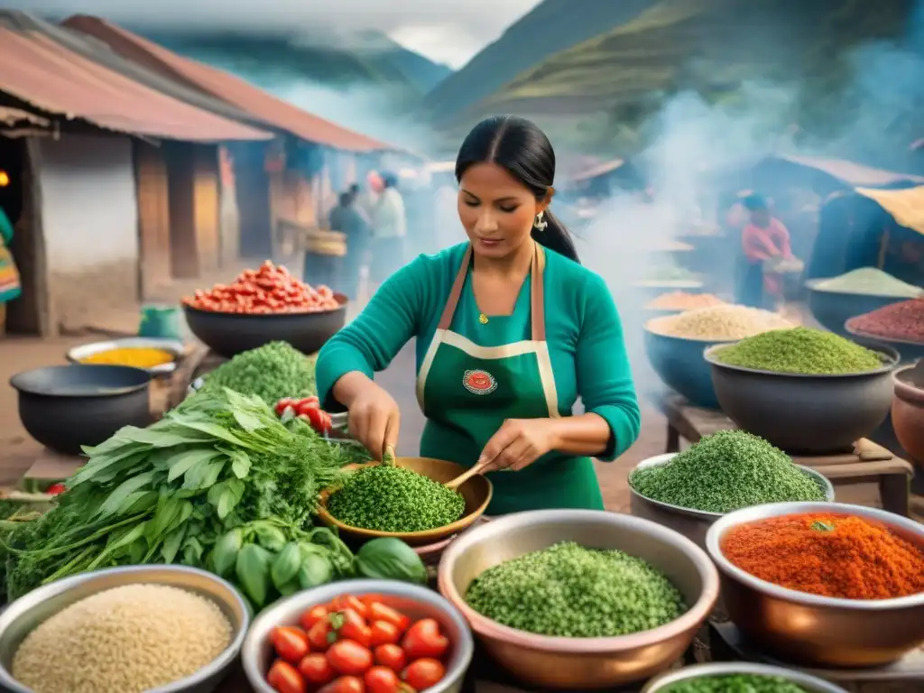 Vibrante mercado peruano con mujeres preparando aguadito de pollo sobre fuego, rodeadas de ingredientes frescos