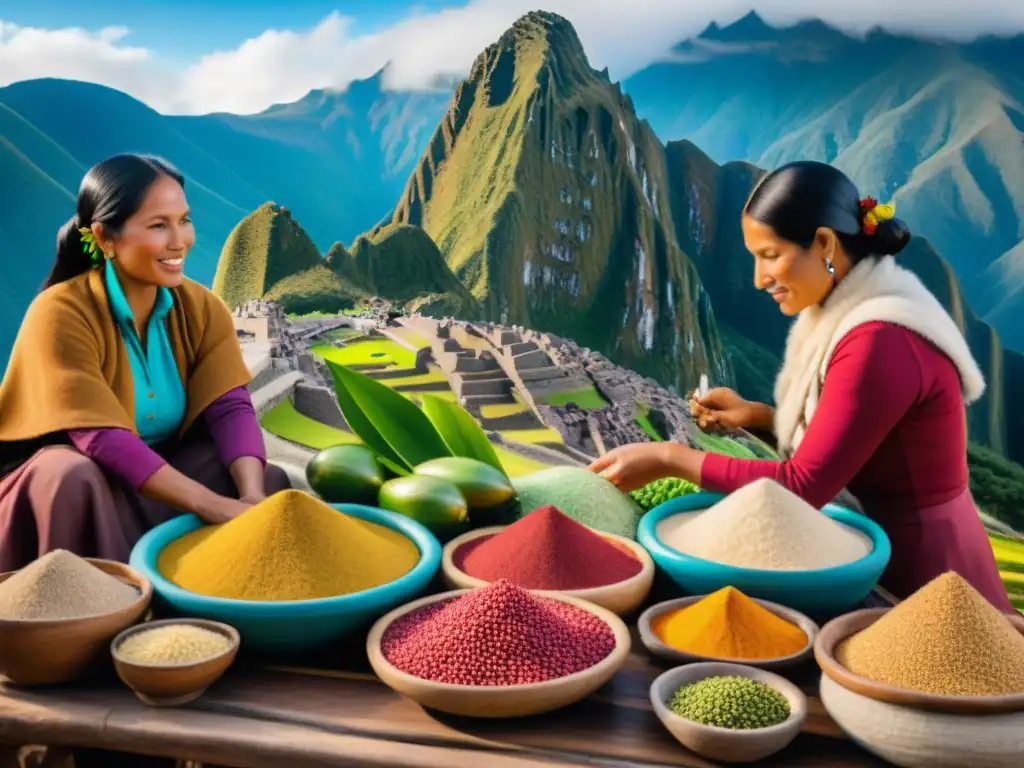 Vibrante mercado peruano con mujeres preparando platos de quinua andina, mostrando la cultura y beneficios de la quinua andina