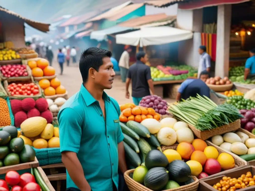 Vibrante mercado peruano con nanotecnología en alimentos, frutas, verduras y especias coloridas, gente diversa interactuando