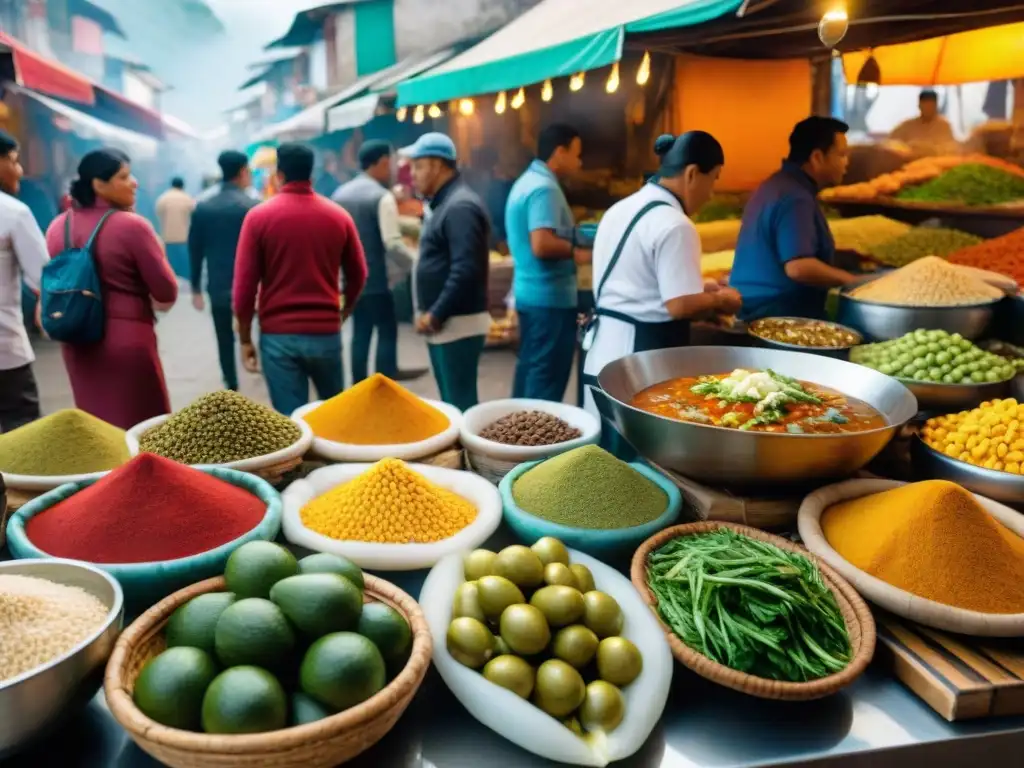 Vibrante mercado peruano con oferta culinaria diversa