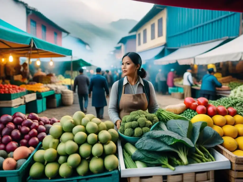 Vibrante mercado peruano con Startups gastronomía peruana saludable, colores y sabores