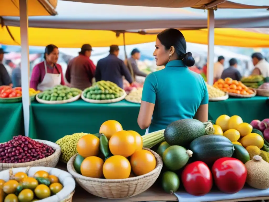 Un vibrante mercado peruano muestra la evolución de la gastronomía peruana moderna, con ingredientes y vendedores locales