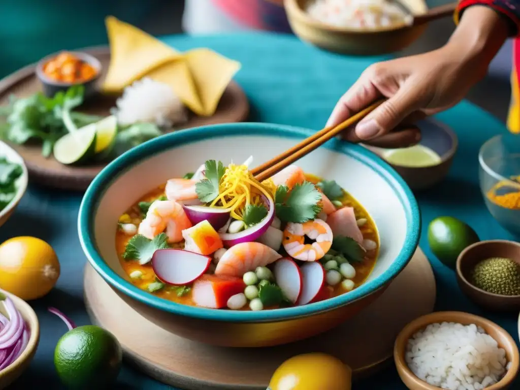 Vibrante mercado peruano vendiendo pescado fresco, vegetales coloridos y especias locales bajo toldos tejidos