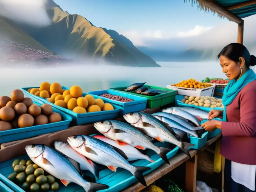 Pintoresco mercado de pescado en Perú: corvina, mero y lenguado Un vibrante mercado peruano de pescado con la Cordillera de los Andes al fondo